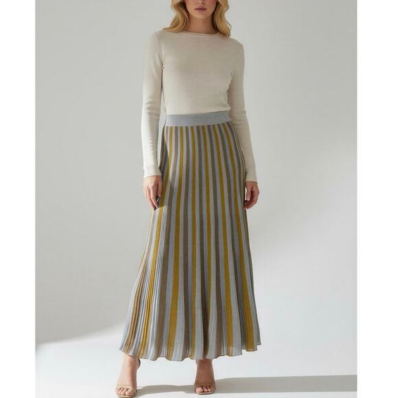 Happy Sheep Dresses & Skirts - New HAPPY SHEEP Multi-Color Metallic Gold Silver Striped Pleated Maxi Skirt Sz S